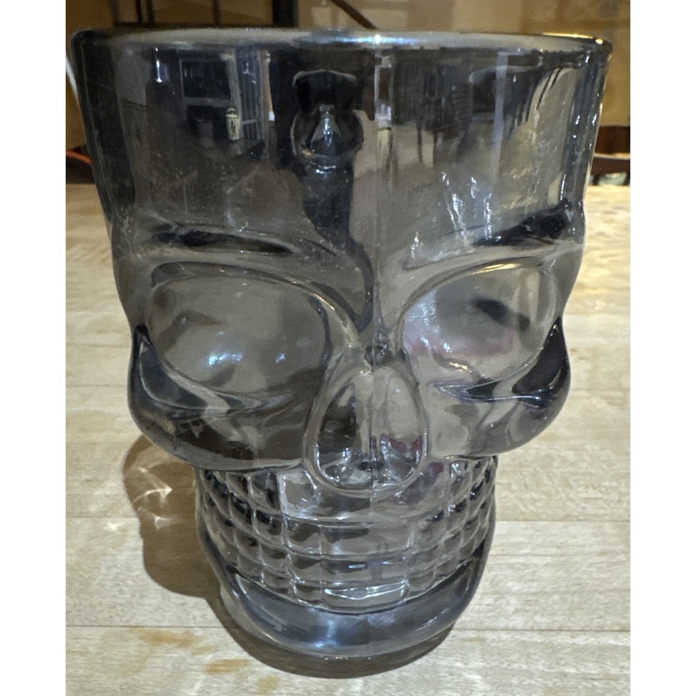 Skull Mug w/ Bone Handle Glass Smokey Translucent Tint Halloween Beer Cup
